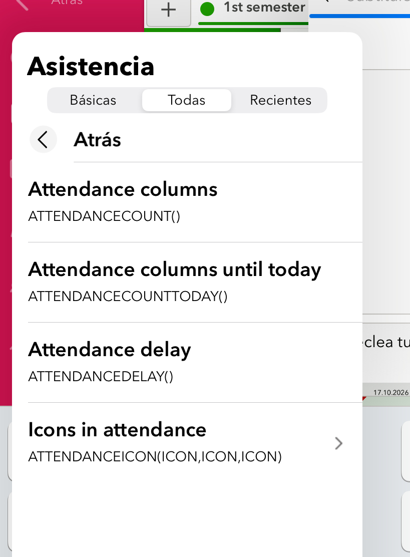 Original iDoceo Attendance menu showing ATTENDANCECOUNT, ATTENDANCECOUNTTODAY, ATTENDANCEDELAY and ATTENDANCEICON.