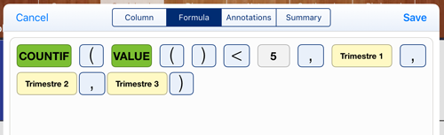 Formula editor showing COUNTIF with VALUE() below 5 and three term columns.