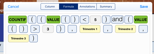 Formula editor showing COUNTIF with VALUE() below 5 and above 3.